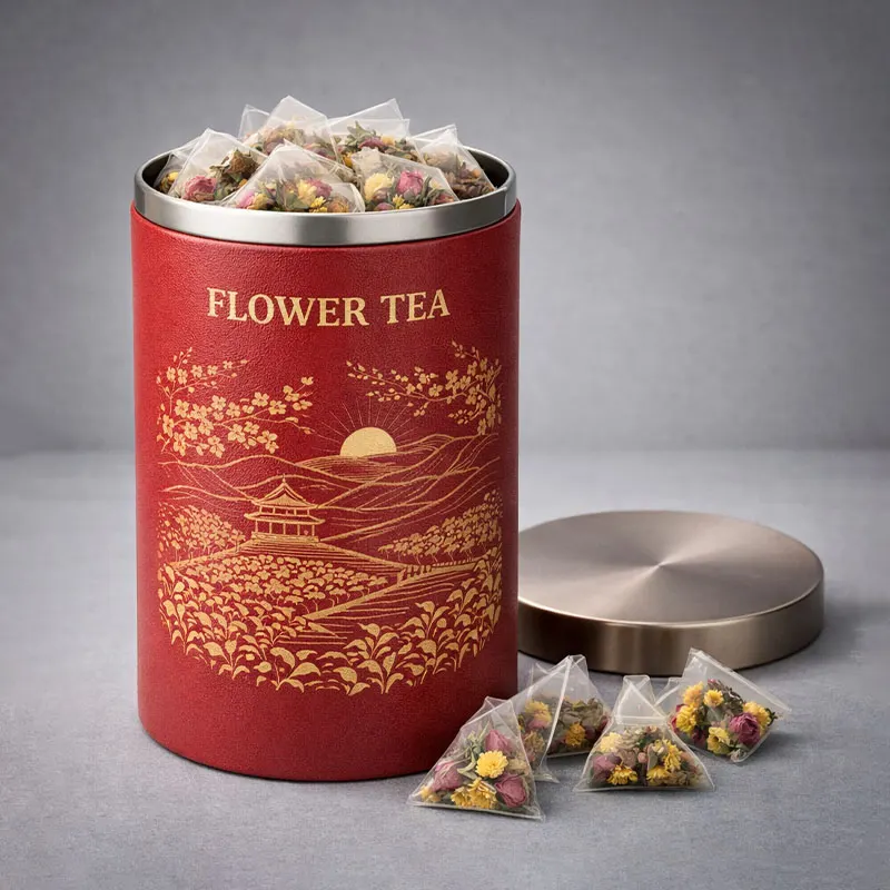 Flower Tea Paper Tube — Red Printed Design — photographed packaging reference 123.